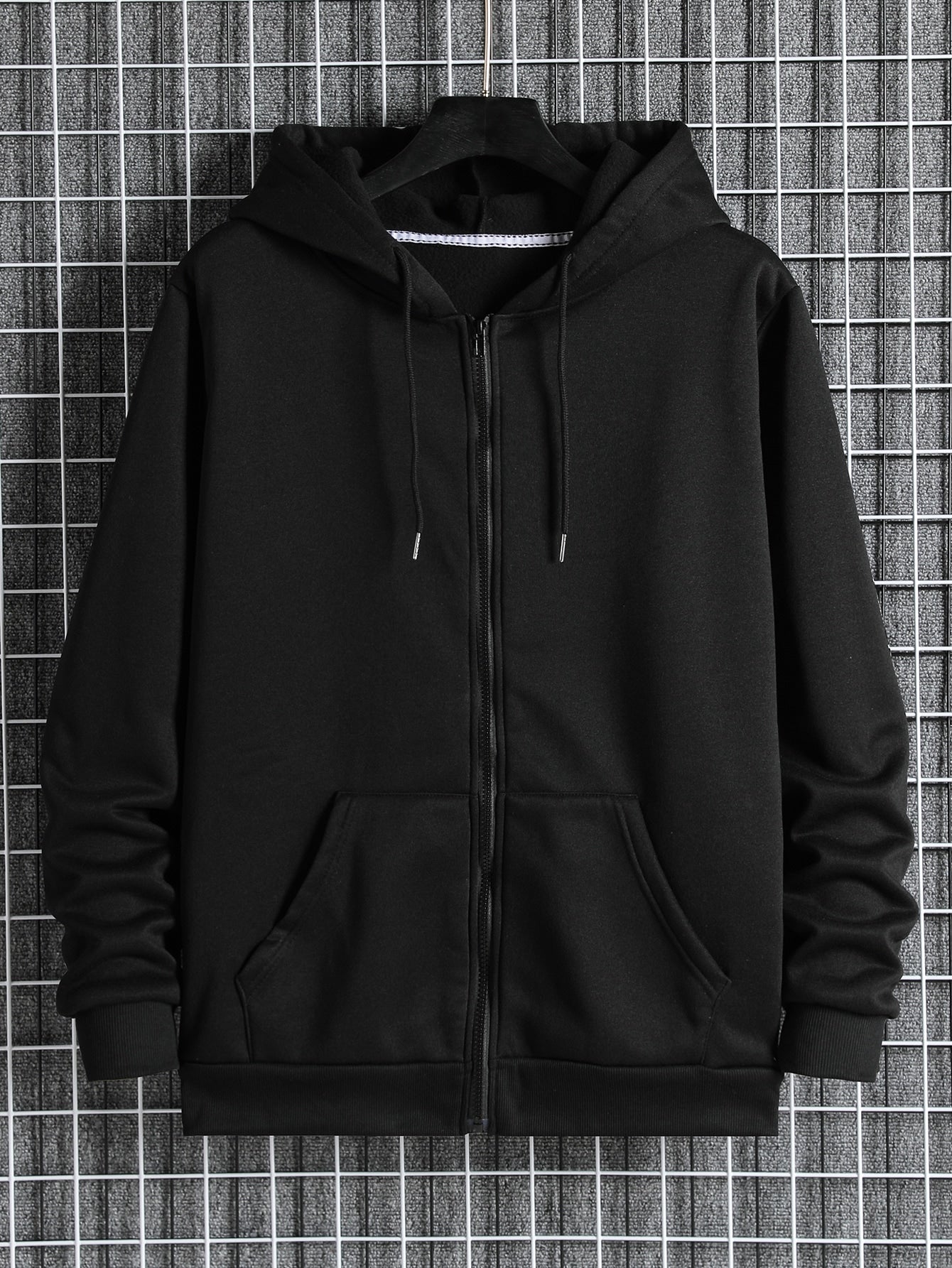 Men Zip Up Drawstring Slant Pocket Hoodie