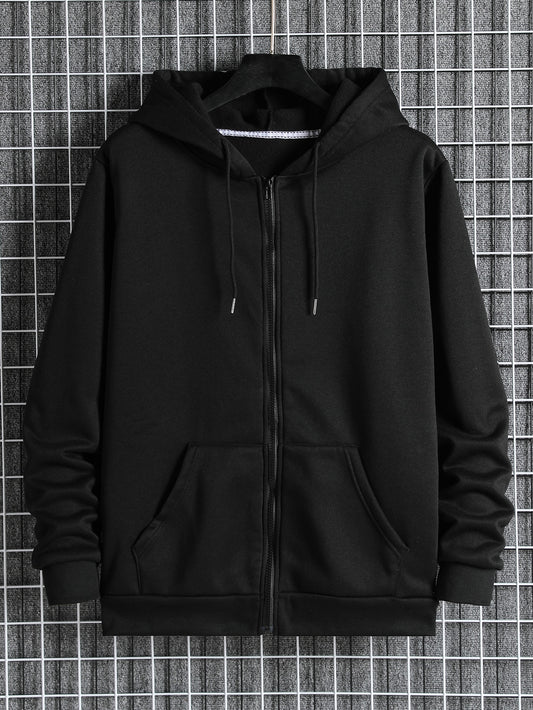 Men Zip Up Drawstring Slant Pocket Hoodie