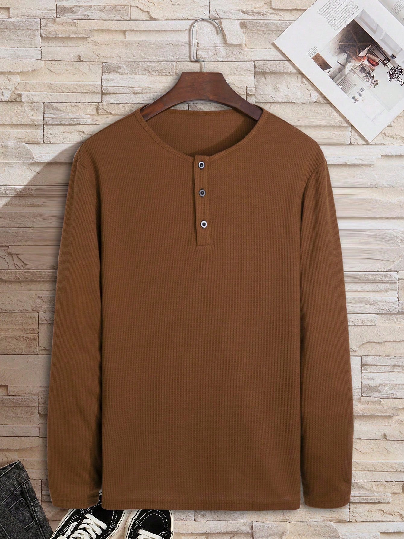 Men Half Button Waffle Knit Tee