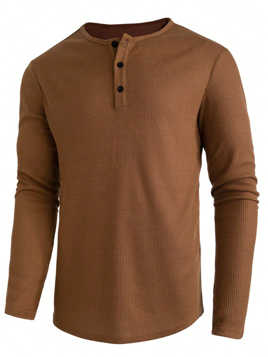 Men Half Button Waffle Knit Tee