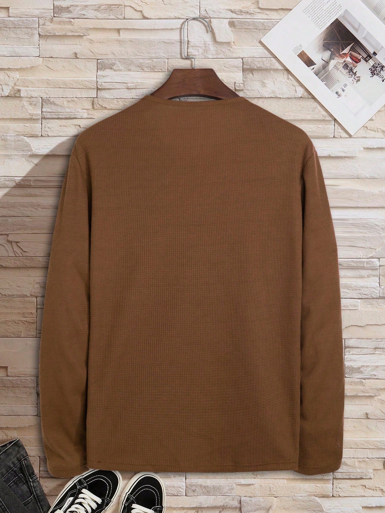 Men Half Button Waffle Knit Tee
