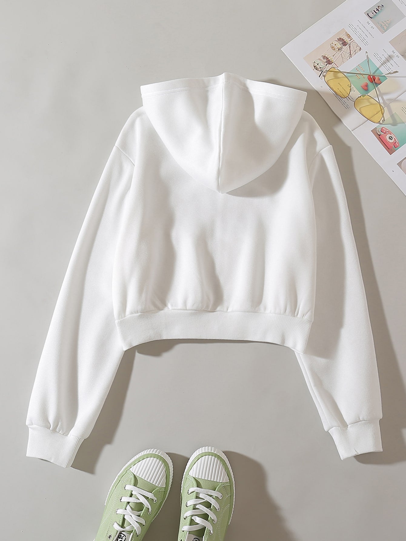 Solid Zip Up Drop Shoulder Thermal Lined Crop Hoodie