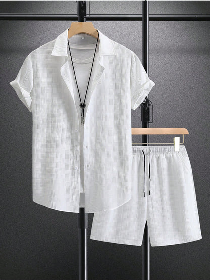Men Solid Button Up Shirt & Shorts Set