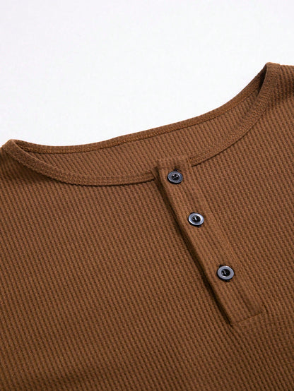 Men Half Button Waffle Knit Tee