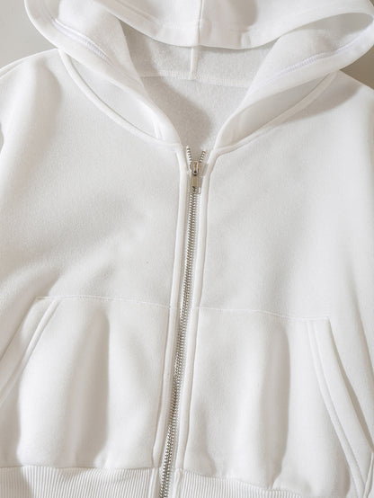 Solid Zip Up Drop Shoulder Thermal Lined Crop Hoodie