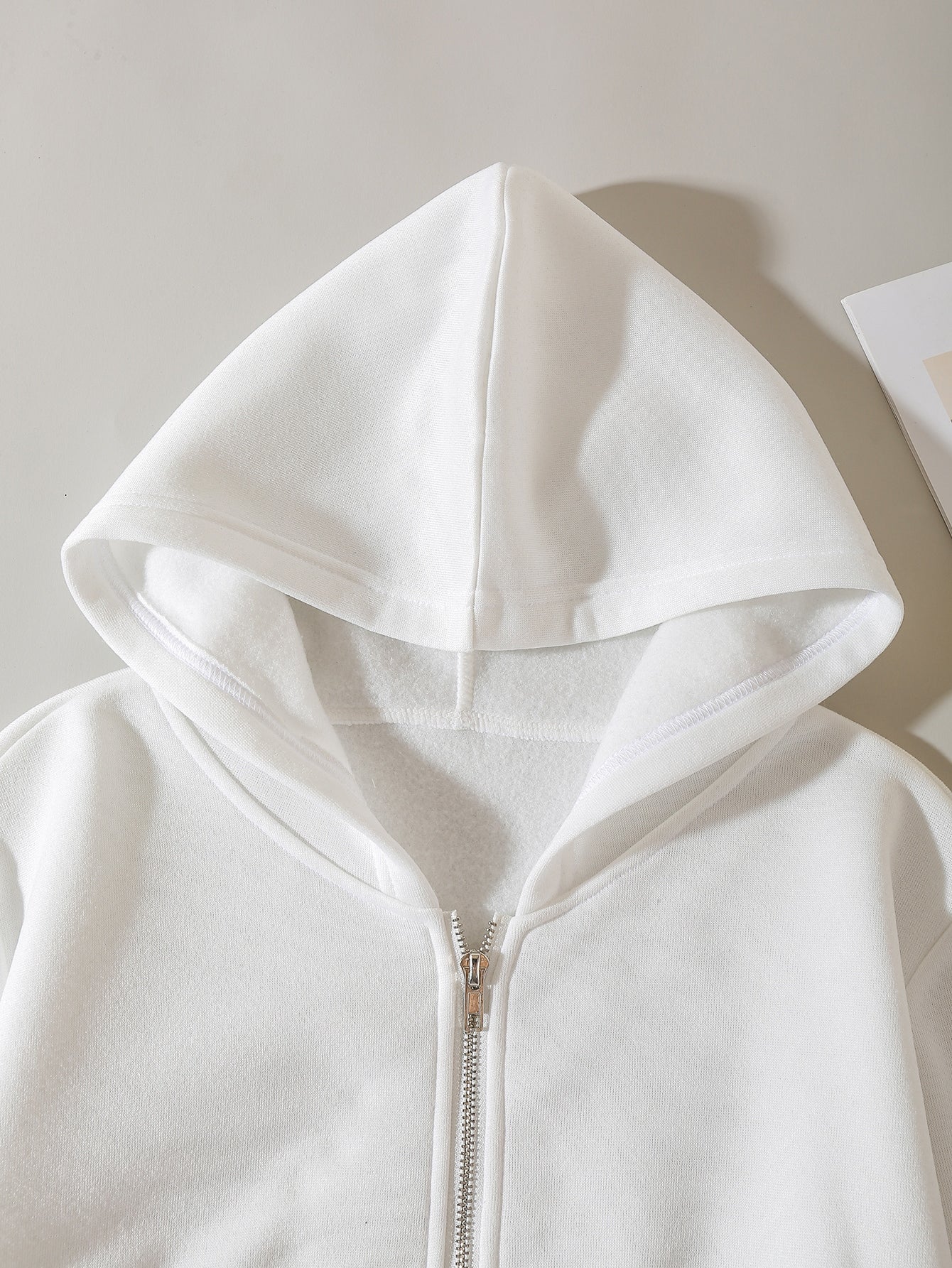 Solid Zip Up Drop Shoulder Thermal Lined Crop Hoodie