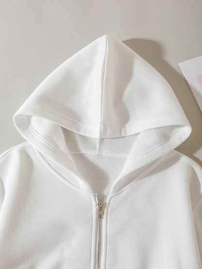 Solid Zip Up Drop Shoulder Thermal Lined Crop Hoodie